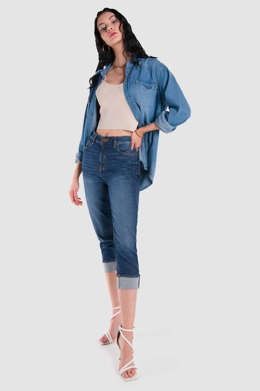 Jeans Capri Oggi Mujer Mezclilla Azul Medio Slim